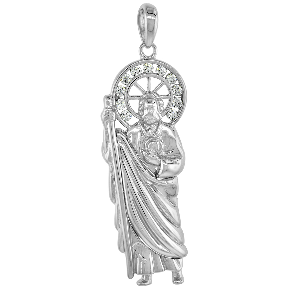 Sterling Silver Saint Jude Pendant Cubic Zirconia Rhodium Finish 1 1/4 inch tall