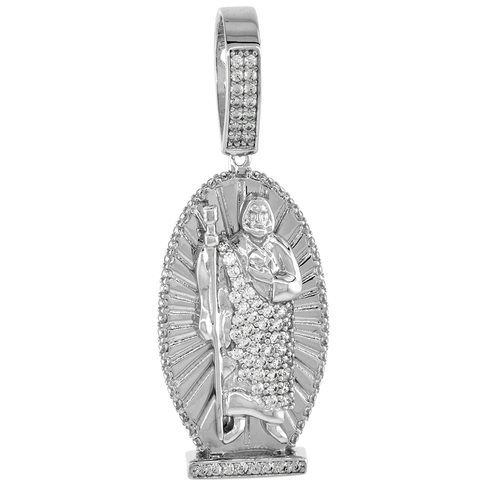 Sterling Silver St Jude Pendant Micropave Cubic Zirconia Diamond cut Rhodium Finish 1 1/8 inch tall