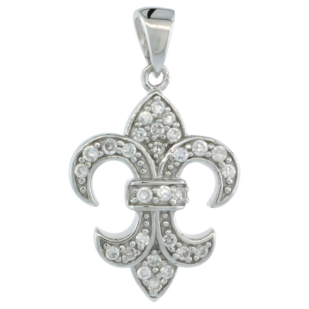 Sterling Silver Fleur de Lis Pendant w/ Cubic Zirconia Stones, 13/16 in. (21 mm) tall