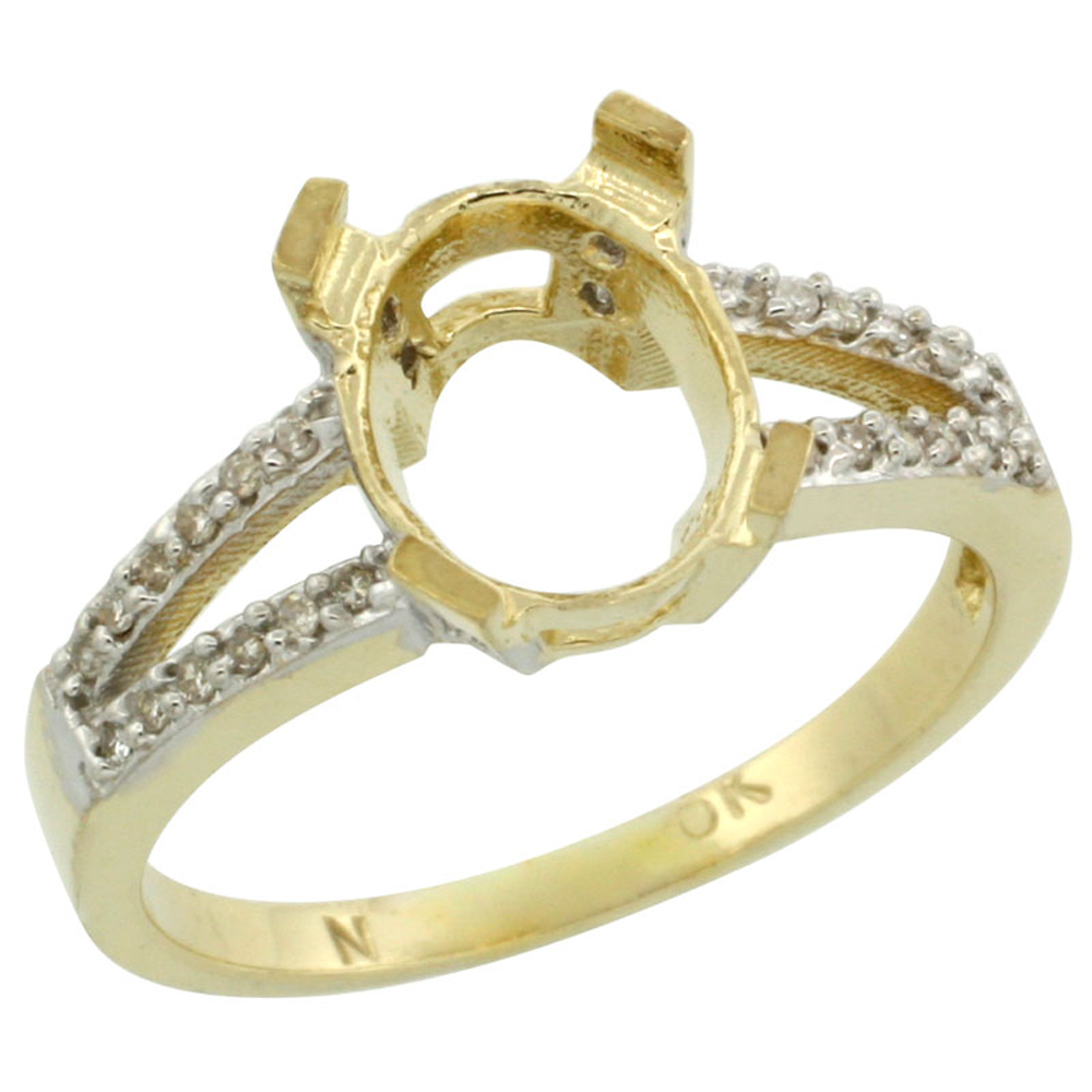 10k Yellow Gold Semi-Mount Ring ( 10x8 mm ) Oval Stone &amp; 0.15 ct Diamond Accent, sizes 5 - 10