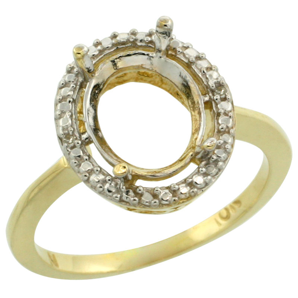 10k Yellow Gold Semi-Mount Ring ( 10x8 mm ) Oval Stone &amp; 0.13 ct Diamond Accent, sizes 5 - 10