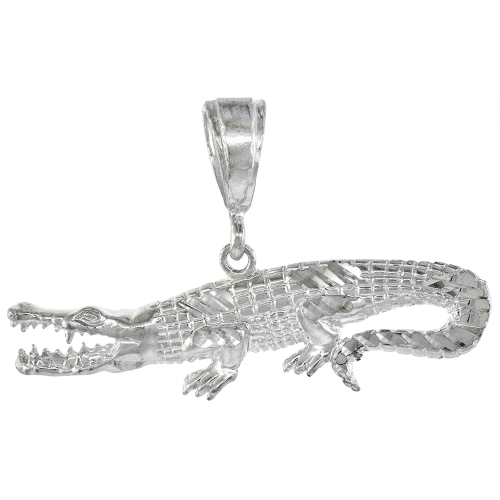 2 3/16 inch Large Sterling Silver Alligator Pendant for Men Diamond Cut finish