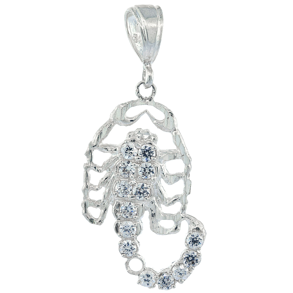 Sterling Silver Cubic Zirconia Scorpion Pendant, 2 inch long