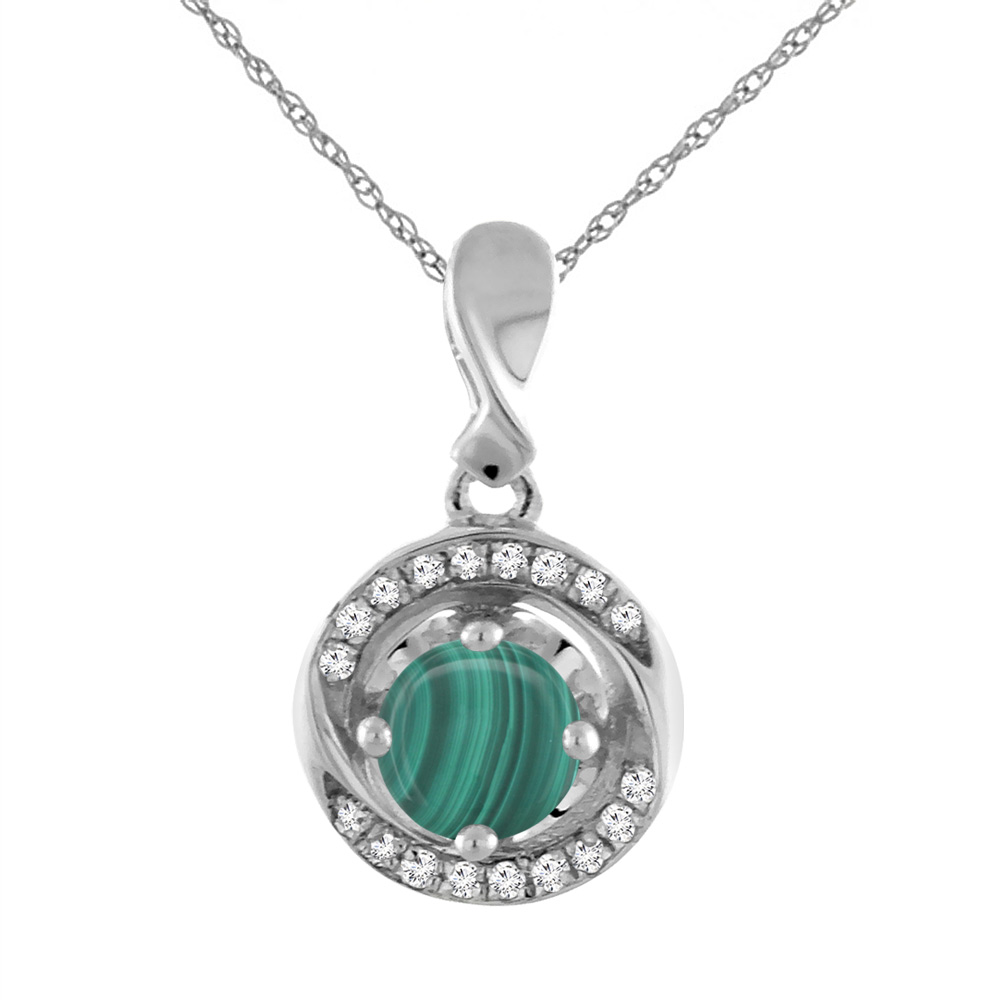 14K White Gold Natural Malachite Necklace with Diamond Accents Round 4 mm