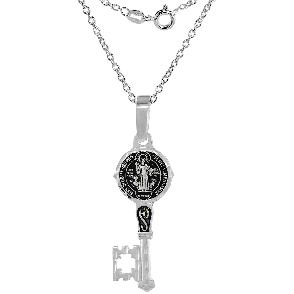 Sterling Silver Saint Benedict Medal Key Medal Handmade 1 5/8 inch (41mm) Wide 2mm Cable Chain