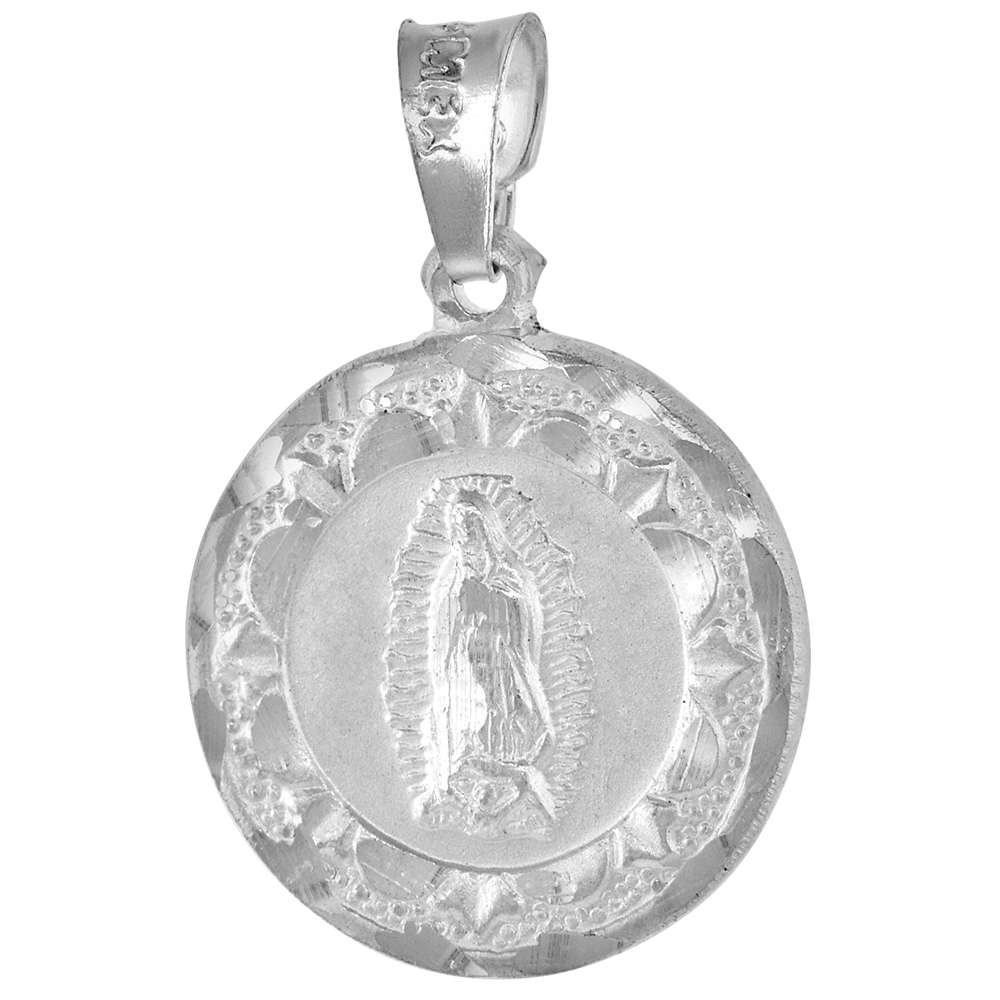 3/4 inch Round Sterling Silver Double Sided Sacred Heart of Jesus &amp; Our Lady of Guadalupe Medal Pendant for Women