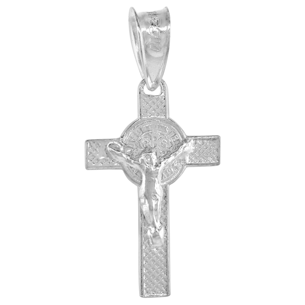 Tiny 3/4 inch Sterling Silver St Benedict Crucifix Necklace for Men and Women Tiny High Polished 18-30 inch chain