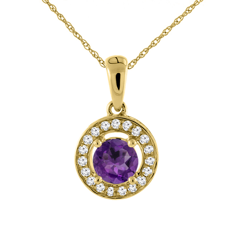 14K Yellow Gold Natural Amethyst Necklace with Diamond Halo Round 5 mm