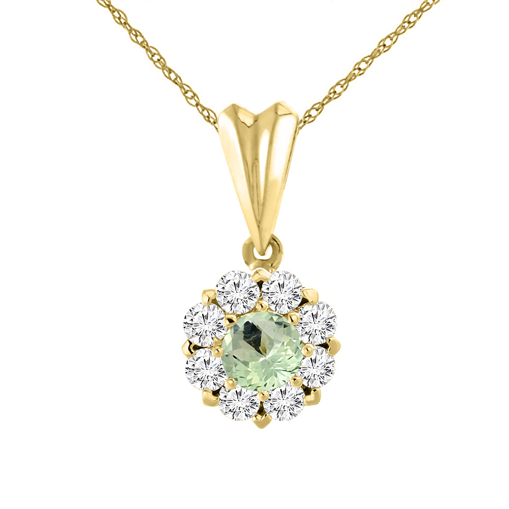 14K Yellow Gold Natural Green Amethyst Necklace with Diamond Halo Round 6 mm