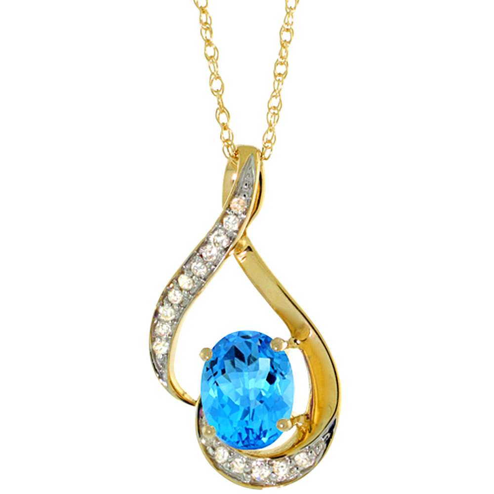 14K Yellow Gold Diamond Natural Swiss Blue Topaz Necklace Oval 7x5 mm, 18 inch long