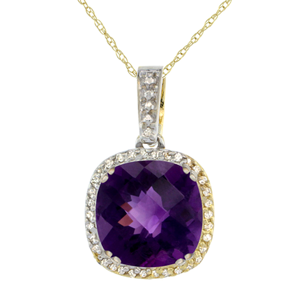 10k Yellow Gold Diamond Halo Natural Amethyst Necklace Cushion Shaped 10x10mm, 18 inch long