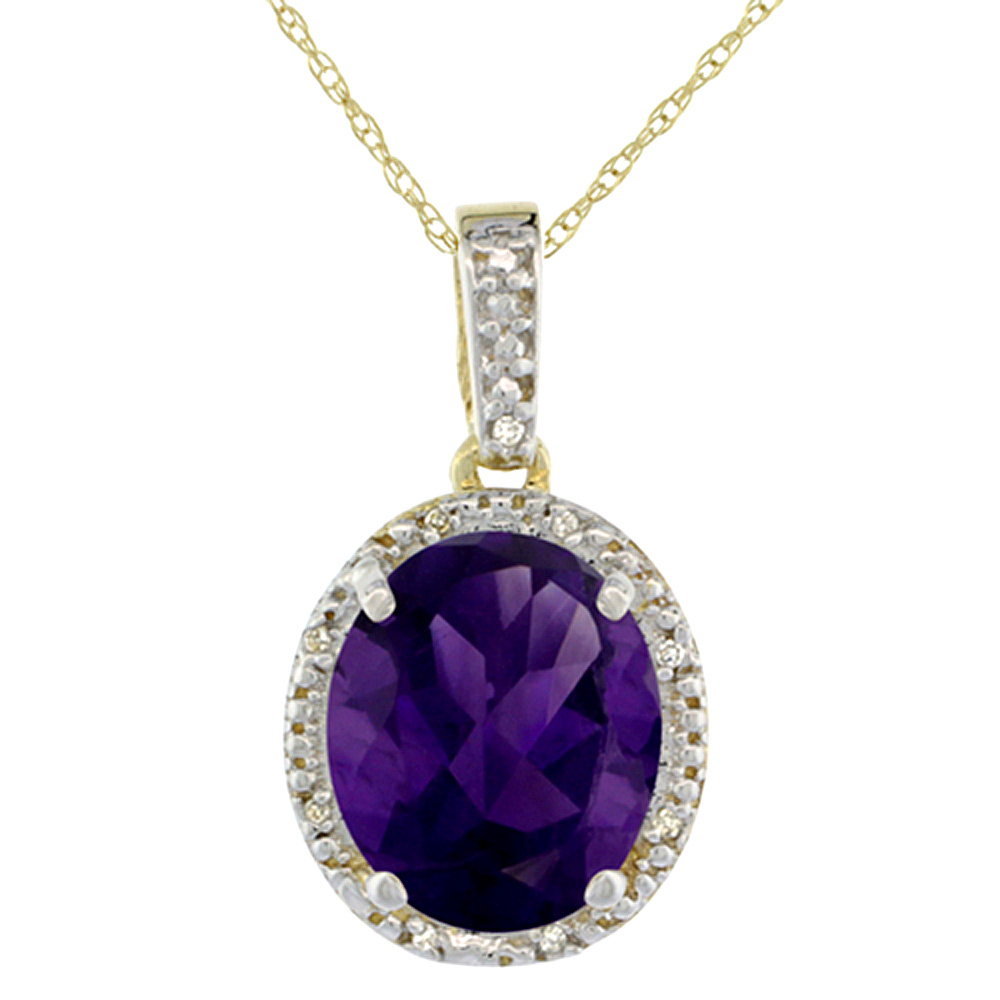 10K Yellow Gold Diamond Halo Natural Amethyst Necklace Oval 12x10 mm, 18 inch long
