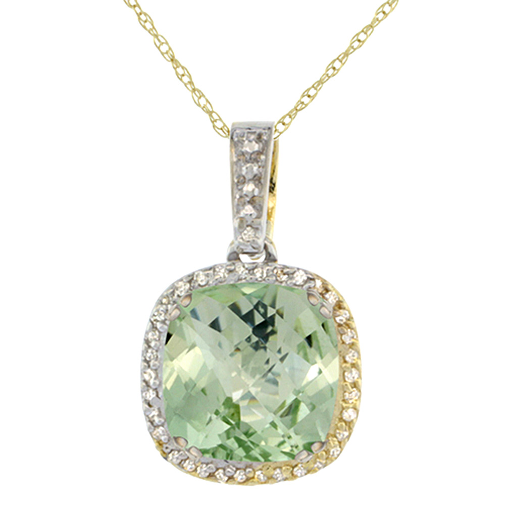 10k Yellow Gold Diamond Halo Natural Green Amethyst Necklace Cushion Shaped 10x10mm, 18 inch long
