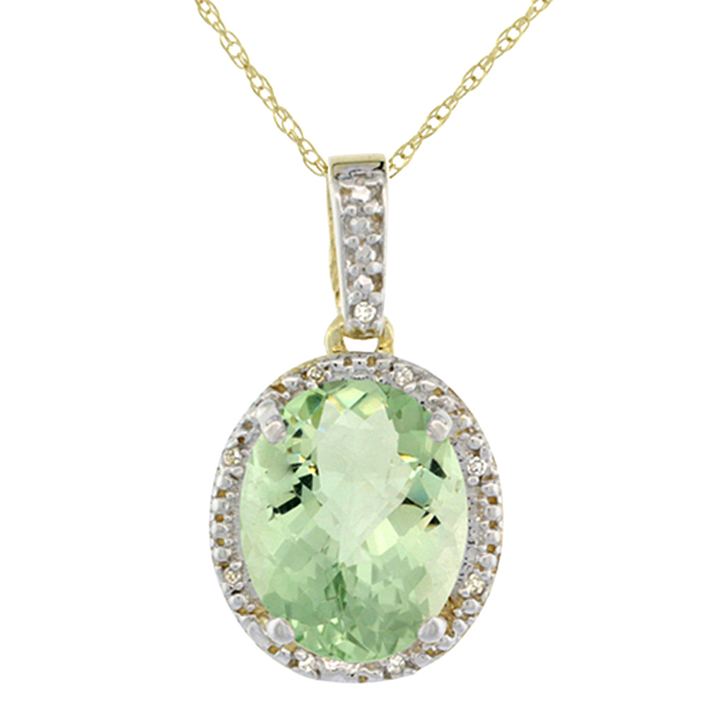 10K Yellow Gold Diamond Halo Natural Green Amethyst Necklace Oval 12x10 mm, 18 inch long