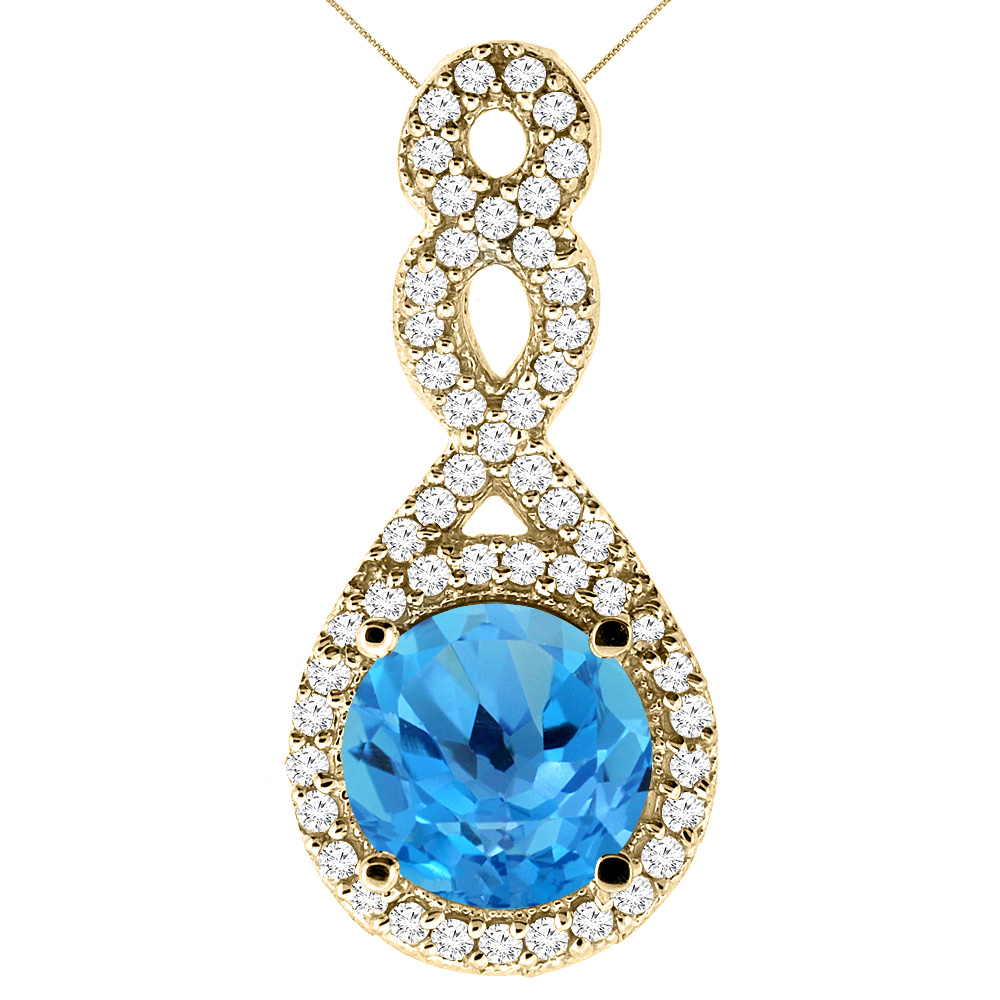 14K Yellow Gold Natural Swiss Blue Topaz Eternity Pendant Round 7x7mm with 18 inch Gold Chain