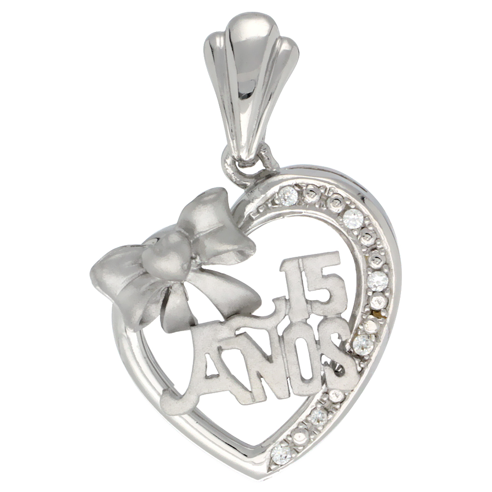 Sterling Silver Quinceanera 15 Anos Bow Heart Pendant CZ Stones Rhodium Finished, 29/32 inch long