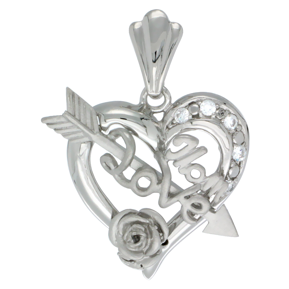 Sterling Silver LOVE MOM Cupid's Bow & Rose Heart Pendant CZ Stones Rhodium Finished, 7/8 inch long