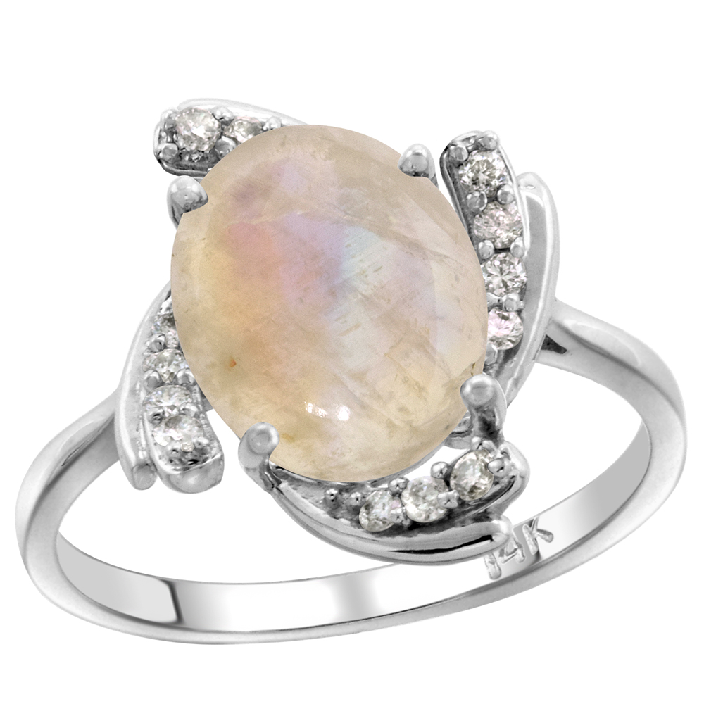 14k White Gold Diamond Genuine Orange Moonstone Engagement Ring Swirl Cabochon Oval 10x8mm, size 5-10