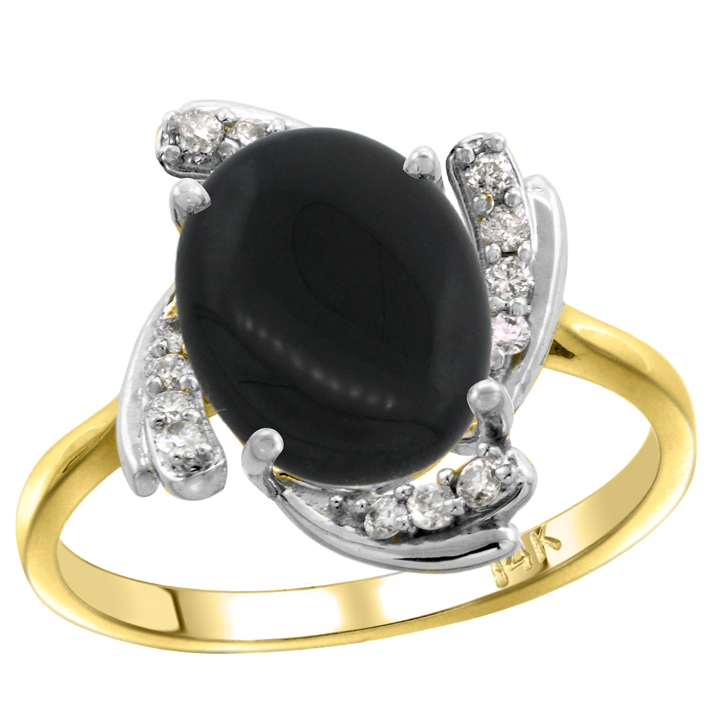 14k Yellow Gold Diamond Genuine Black Onyx Engagement Ring Swirl Cabochon Oval 10x8mm 0.15cttw, size 5