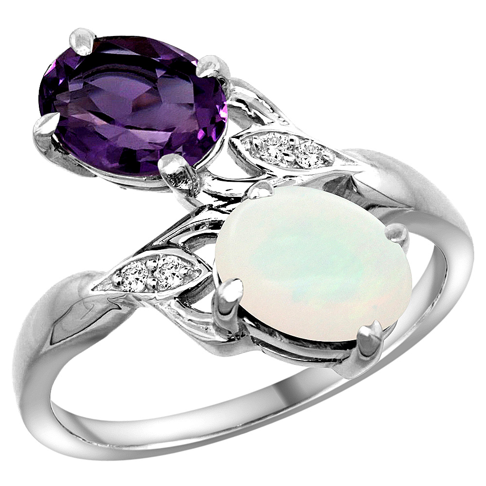 14k White Gold Diamond Natural Amethyst &amp; Opal 2-stone Ring Oval 8x6mm, sizes 5 - 10