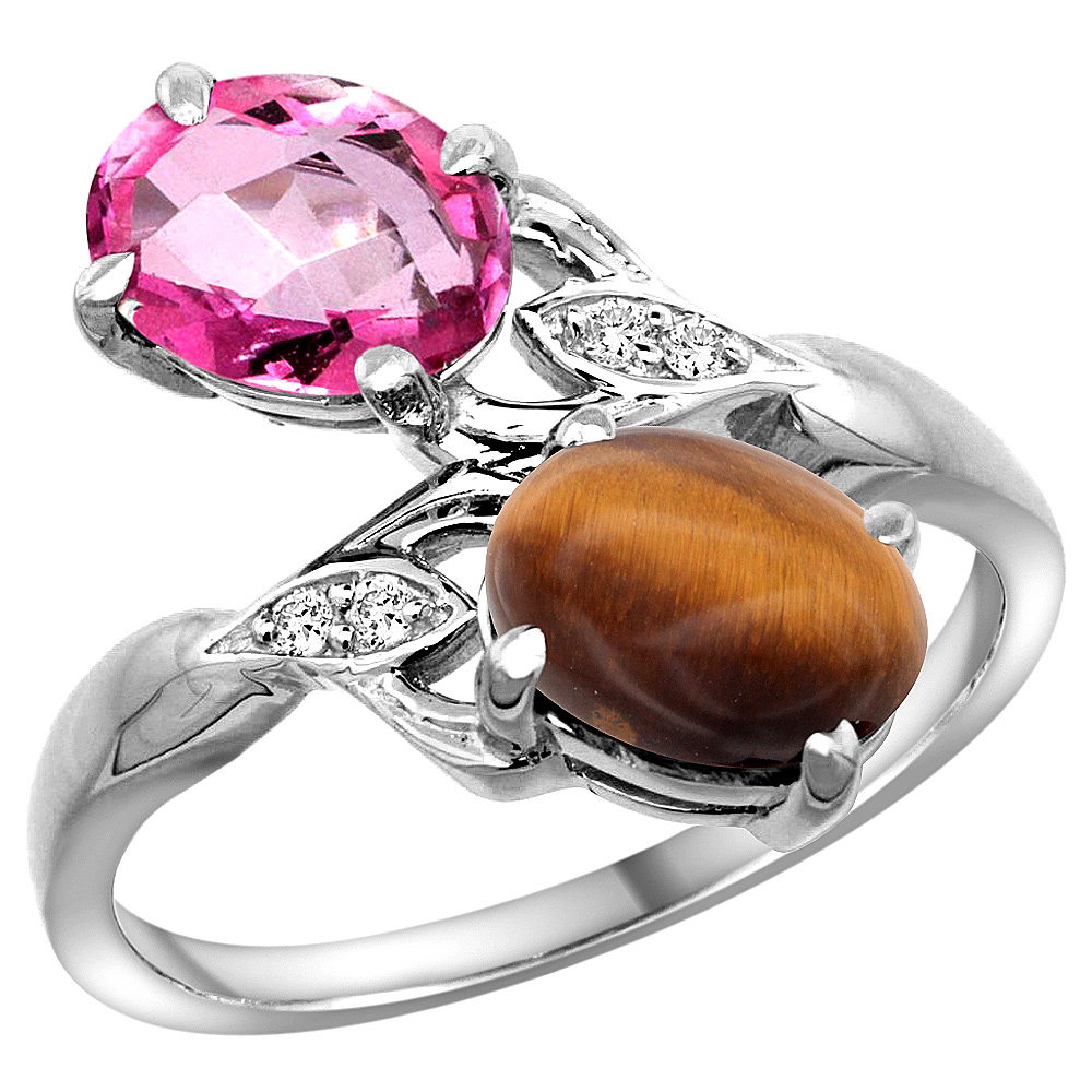 10K White Gold Diamond Natural Pink Topaz &amp; Tiger Eye 2-stone Ring Oval 8x6mm, sizes 5 - 10