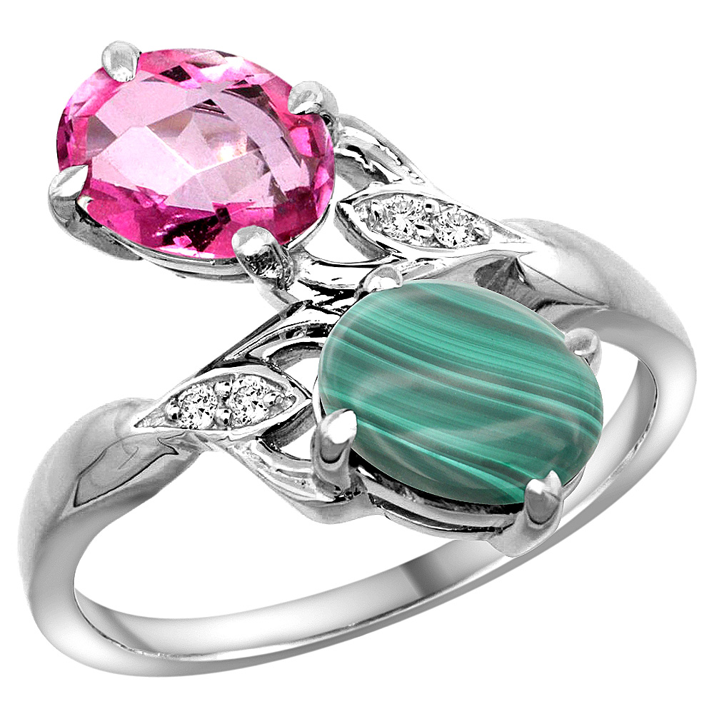 10K White Gold Diamond Natural Pink Topaz &amp; Malachite 2-stone Ring Oval 8x6mm, sizes 5 - 10