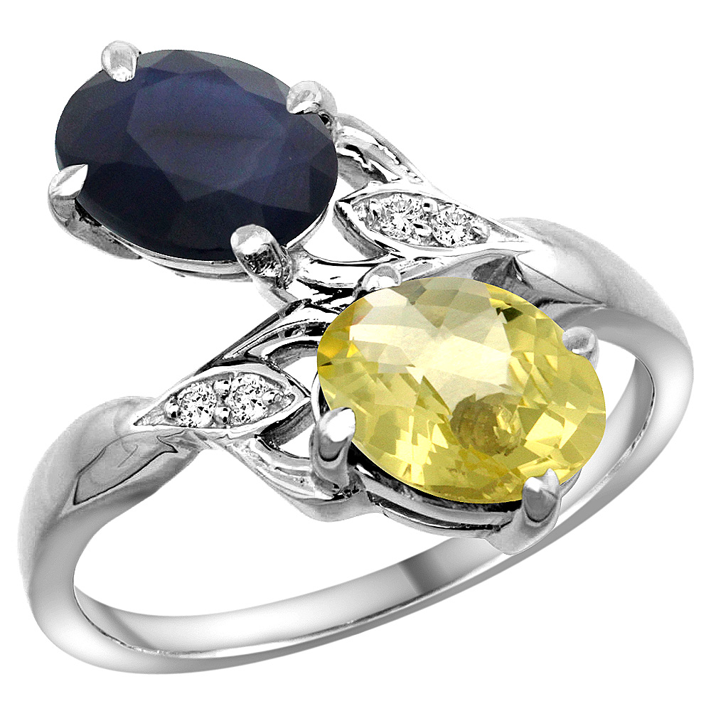 10K White Gold Diamond Natural Blue Sapphire &amp; Lemon Quartz 2-stone Ring Oval 8x6mm, sizes 5 - 10