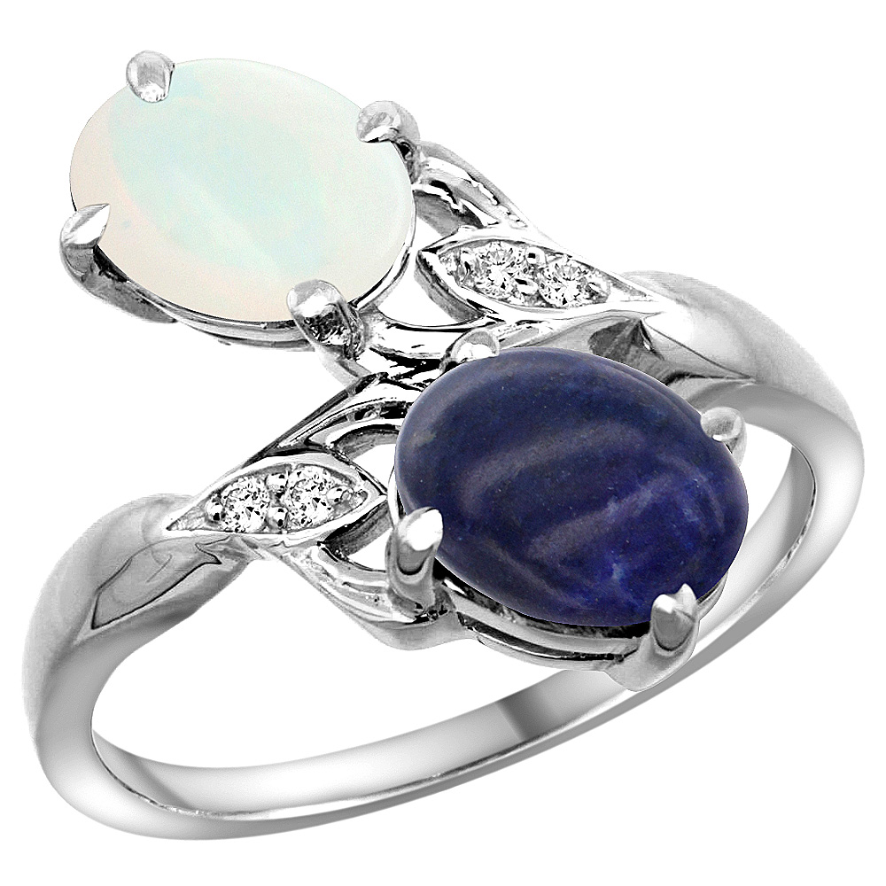 10K White Gold Diamond Natural Opal &amp; Lapis 2-stone Ring Oval 8x6mm, sizes 5 - 10