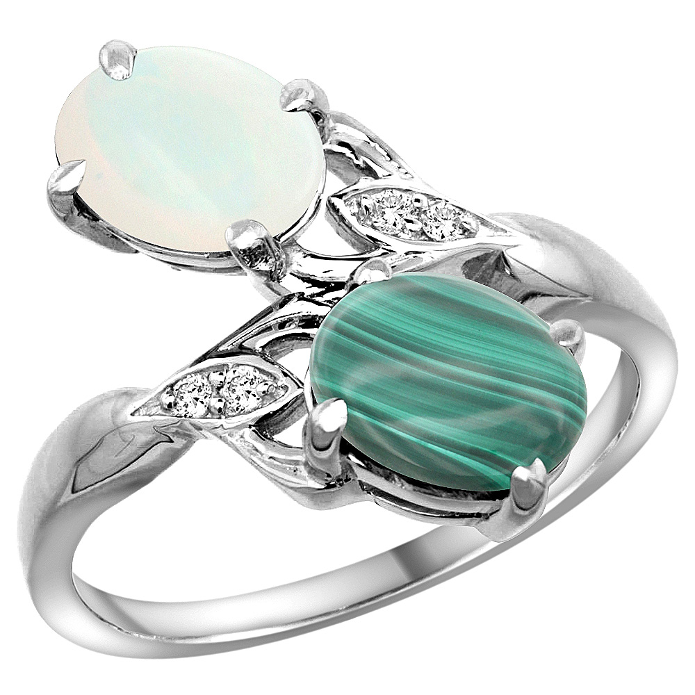 10K White Gold Diamond Natural Opal &amp; Malachite 2-stone Ring Oval 8x6mm, sizes 5 - 10