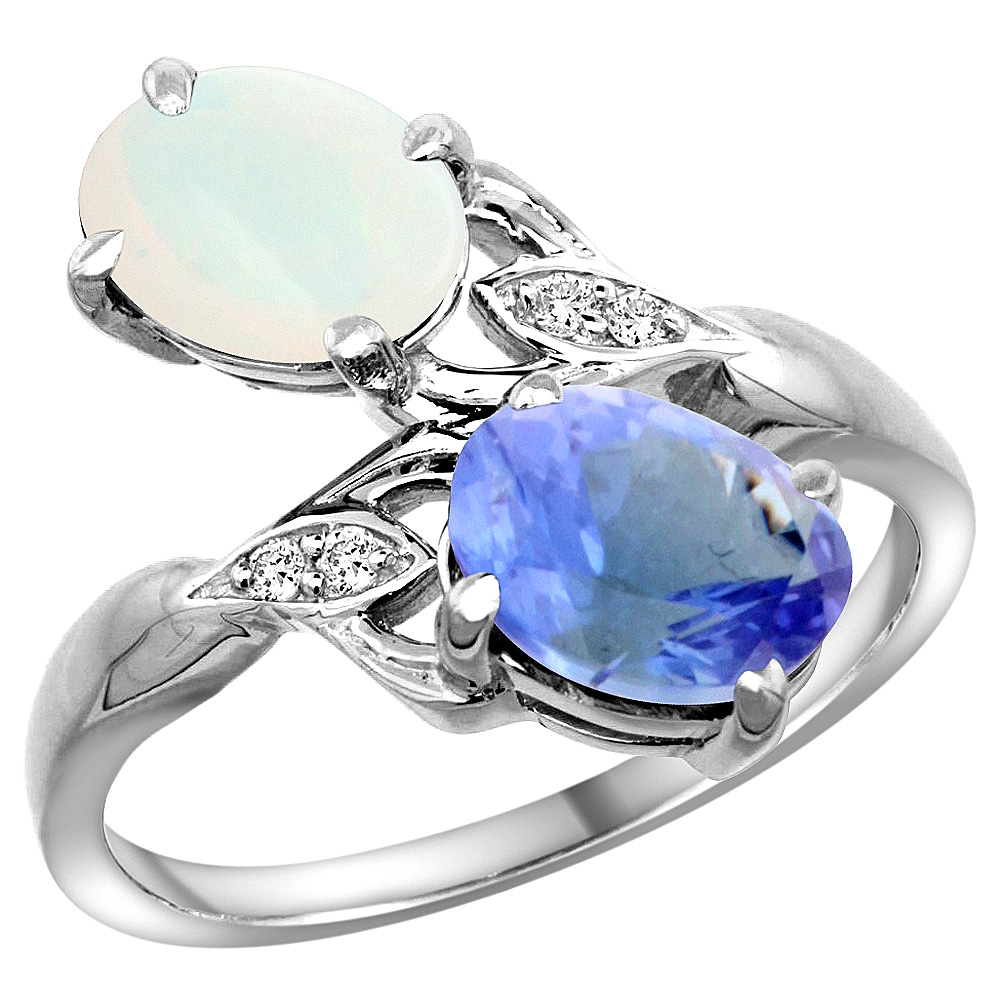 10K White Gold Diamond Natural Opal &amp; Tanzanite 2-stone Ring Oval 8x6mm, sizes 5 - 10