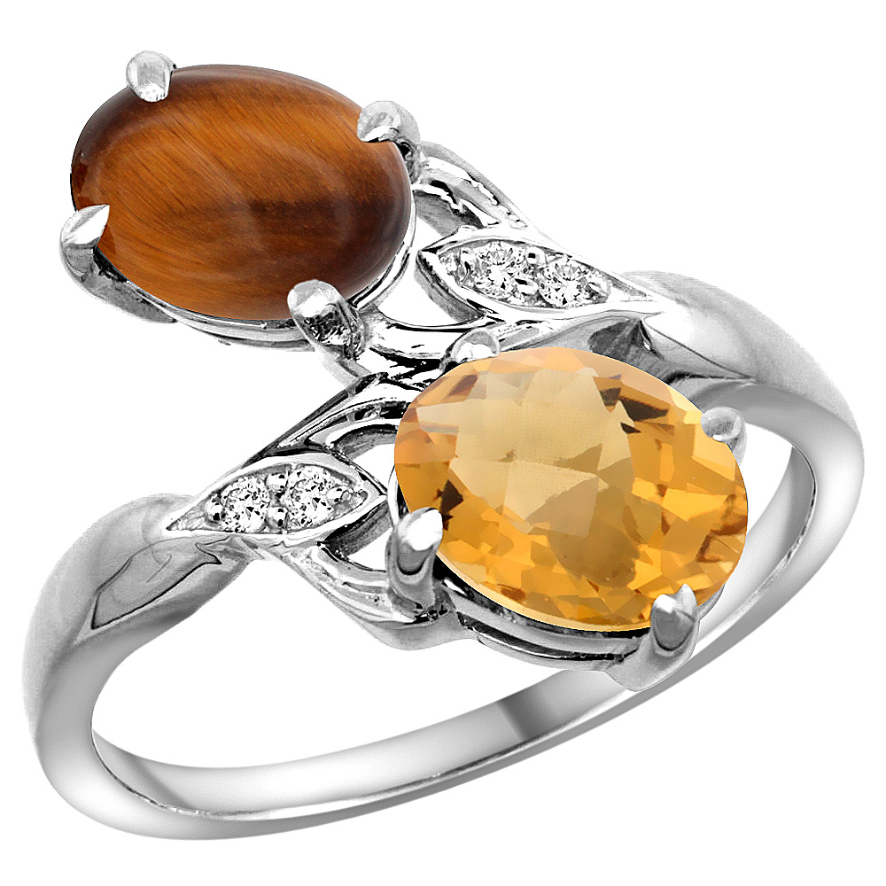 10K White Gold Diamond Natural Tiger Eye &amp; Whisky Quartz 2-stone Ring Oval 8x6mm, sizes 5 - 10