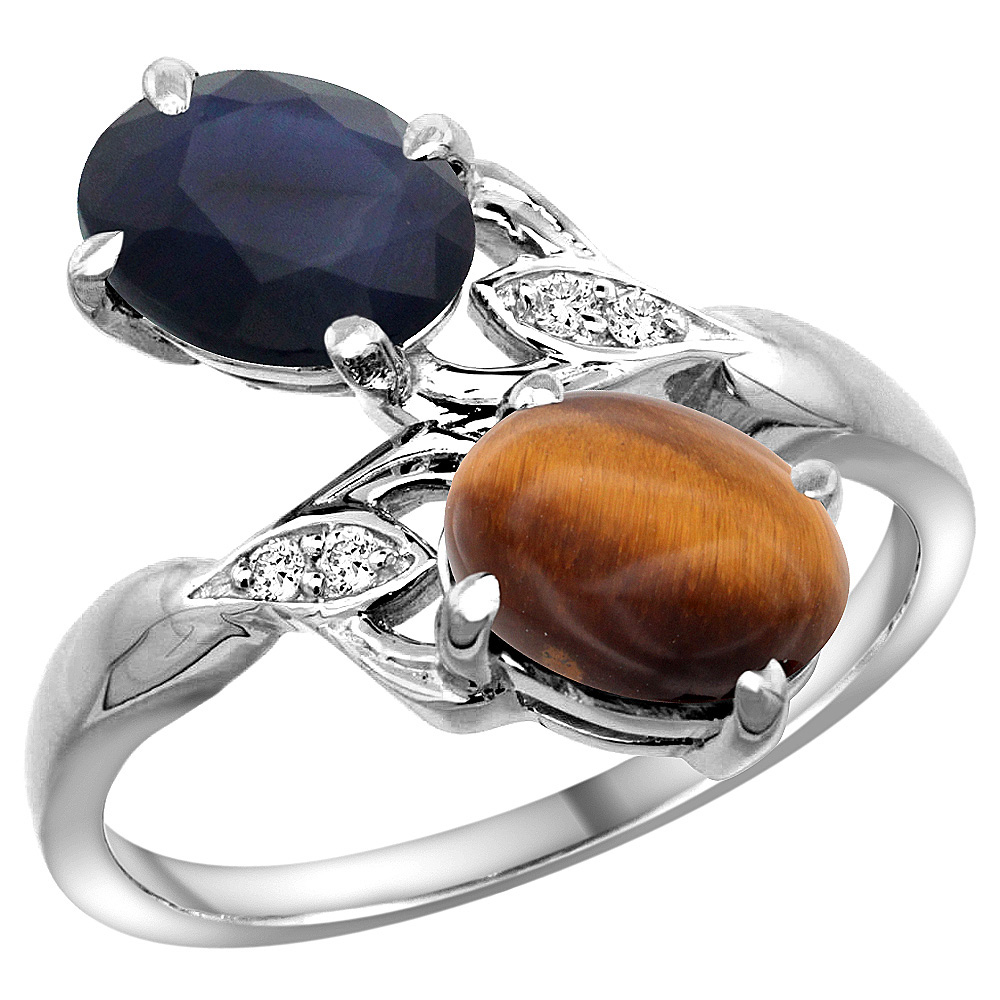 10K White Gold Diamond Natural Tiger Eye &amp; Australian Sapphire 2-stone Ring Oval 8x6mm, sizes 5 - 10