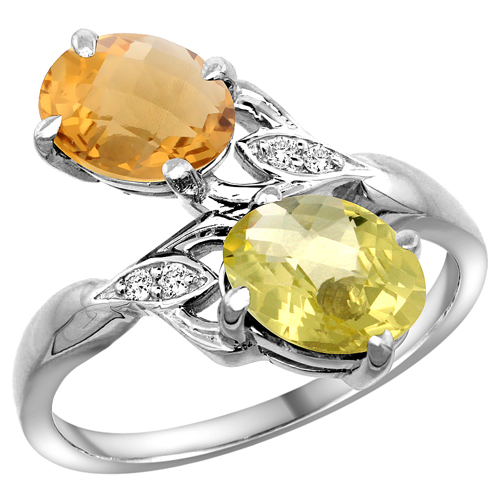 10K White Gold Diamond Natural Whisky Quartz &amp; Lemon Quartz 2-stone Ring Oval 8x6mm, sizes 5 - 10