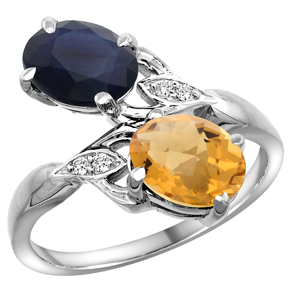 10K White Gold Diamond Natural Whisky Quartz &amp; Australian Sapphire 2-stone Ring Oval 8x6mm, sizes 5 - 10