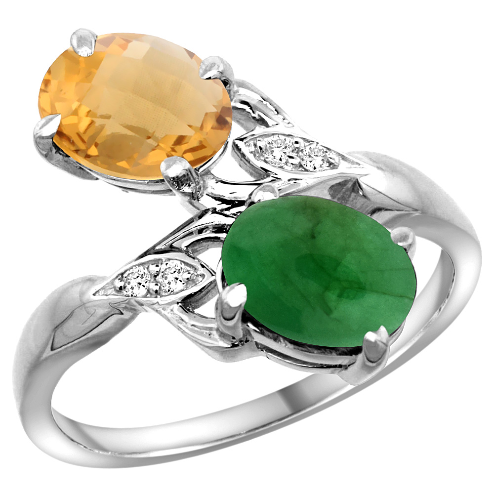 10K White Gold Diamond Natural Whisky Quartz &amp; Cabochon Emerald 2-stone Ring Oval 8x6mm, sizes 5 - 10