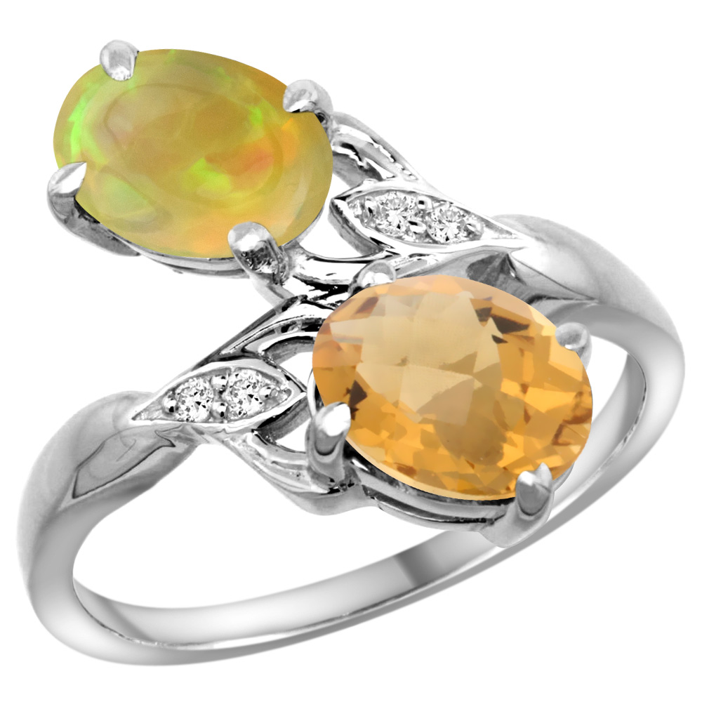 10K White Gold Diamond Natural Whisky Quartz &amp; Ethiopian Opal 2-stone Mothers Ring Oval 8x6mm, size 5-10