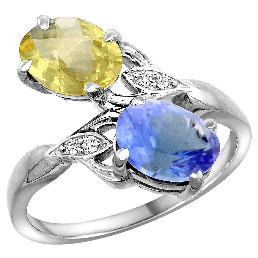 10K White Gold Diamond Natural Lemon Quartz &amp; Tanzanite 2-stone Ring Oval 8x6mm, sizes 5 - 10