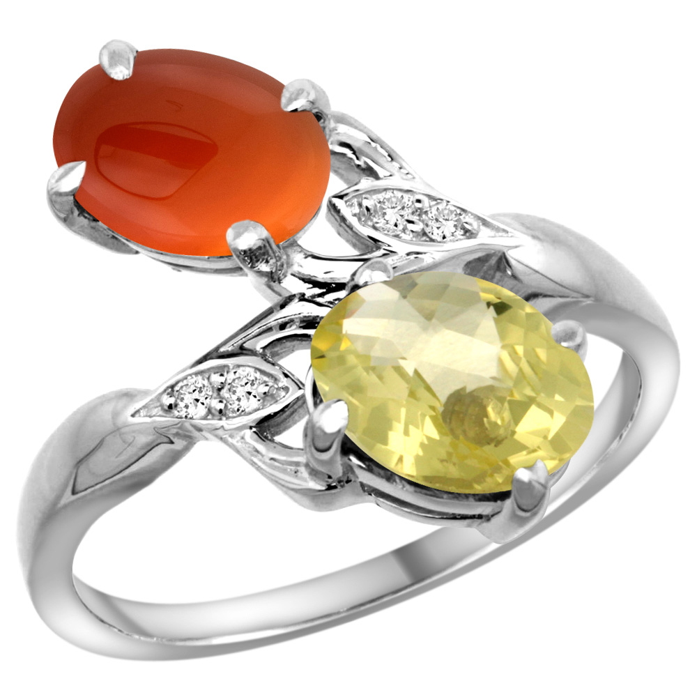 10K White Gold Diamond Natural Lemon Quartz &amp; Brown Agate 2-stone Ring Oval 8x6mm, sizes 5 - 10