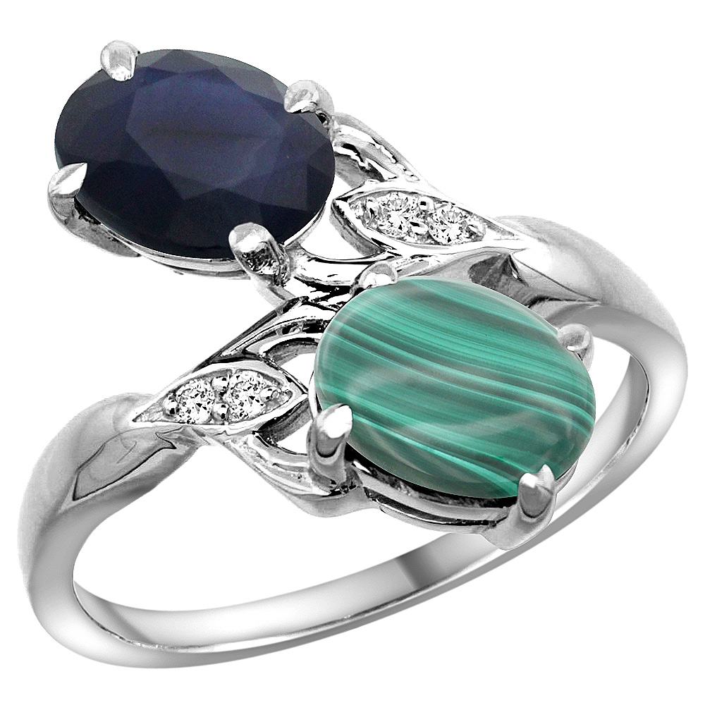 10K White Gold Diamond Natural Australian Sapphire & Malachite 2-stone Ring Oval 8x6mm, sizes 5 - 10