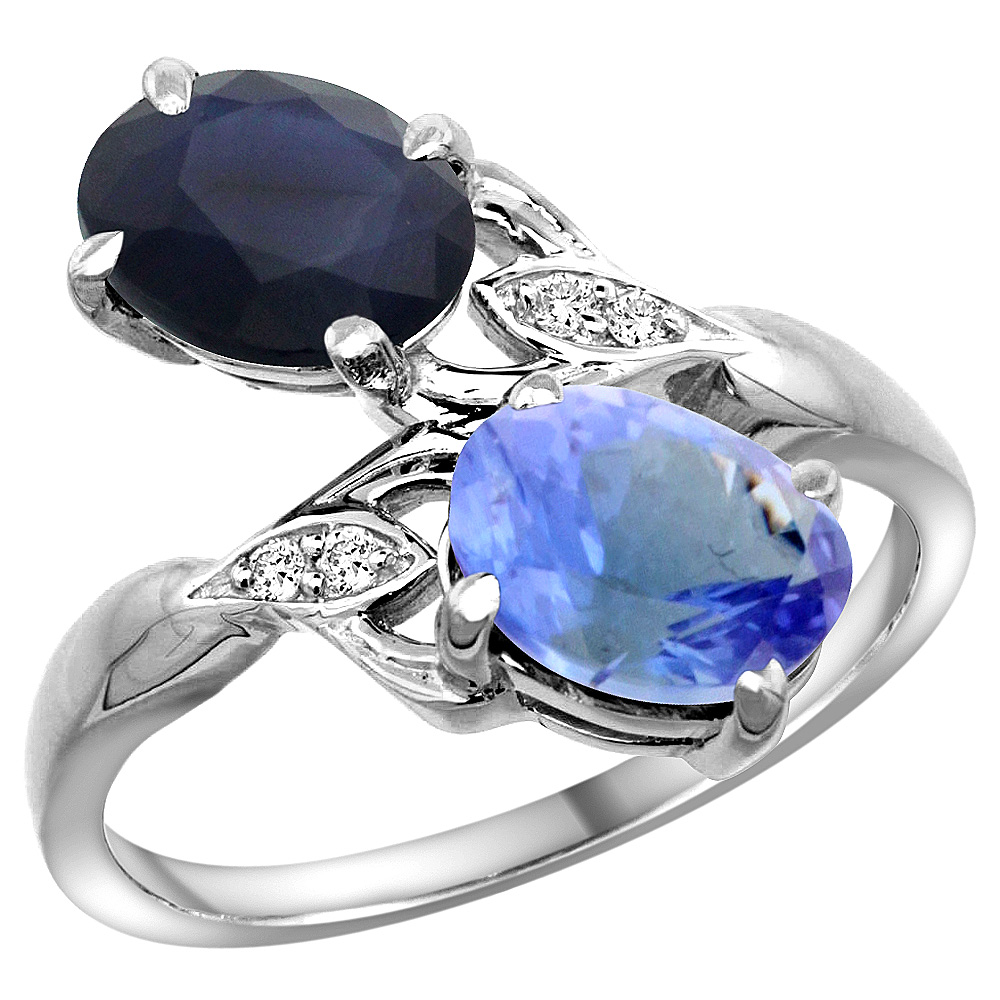 10K White Gold Diamond Natural Australian Sapphire & Tanzanite 2-stone Ring Oval 8x6mm, sizes 5 - 10