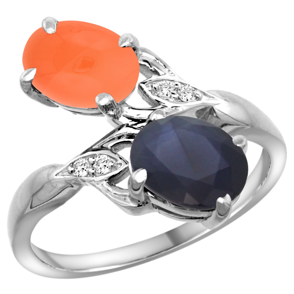 10K White Gold Diamond Natural Australian Sapphire &amp; Orange Moonstone 2-stone Ring Oval 8x6mm, sizes 5 - 10