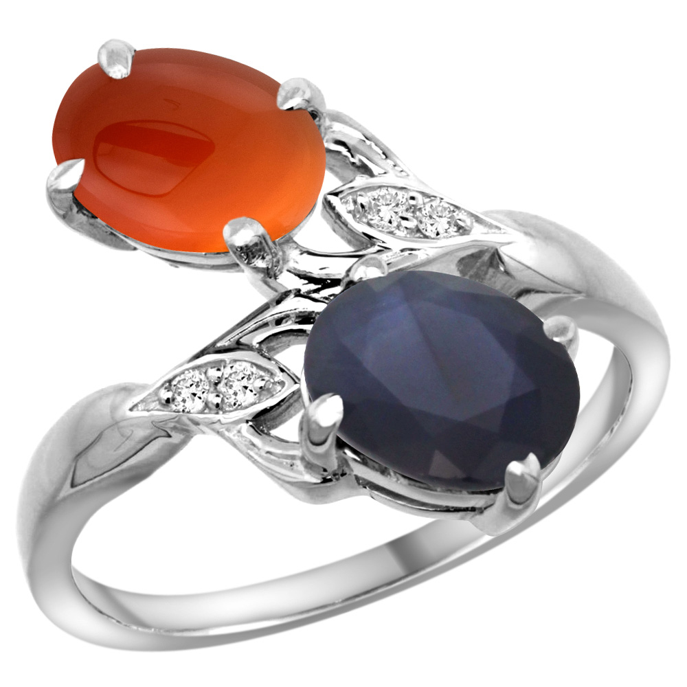 10K White Gold Diamond Natural Australian Sapphire & Brown Agate 2-stone Ring Oval 8x6mm, sizes 5 - 10