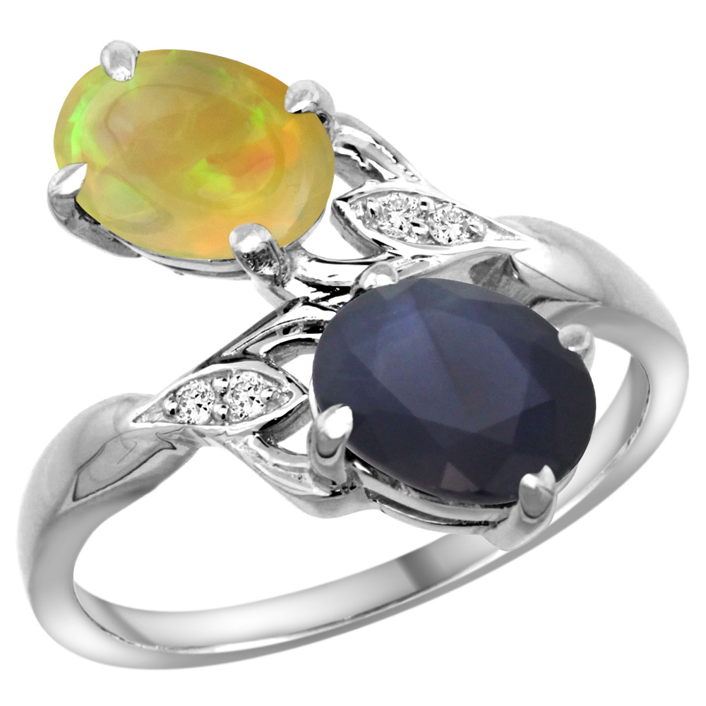 10K White Gold Diamond Natural Australian Sapphire&amp;Ethiopian Opal 2-stone Mothers Ring Oval 8x6mm, sz5-10