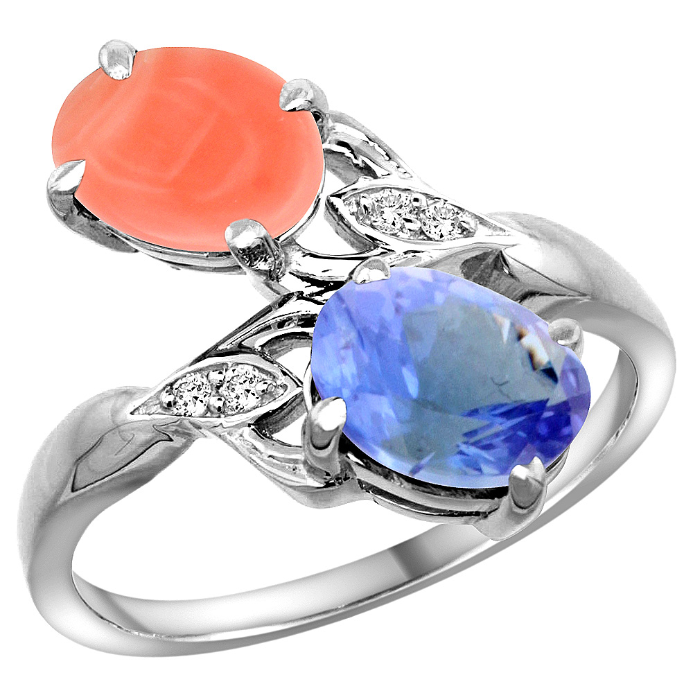 10K White Gold Diamond Natural Coral &amp; Tanzanite 2-stone Ring Oval 8x6mm, sizes 5 - 10