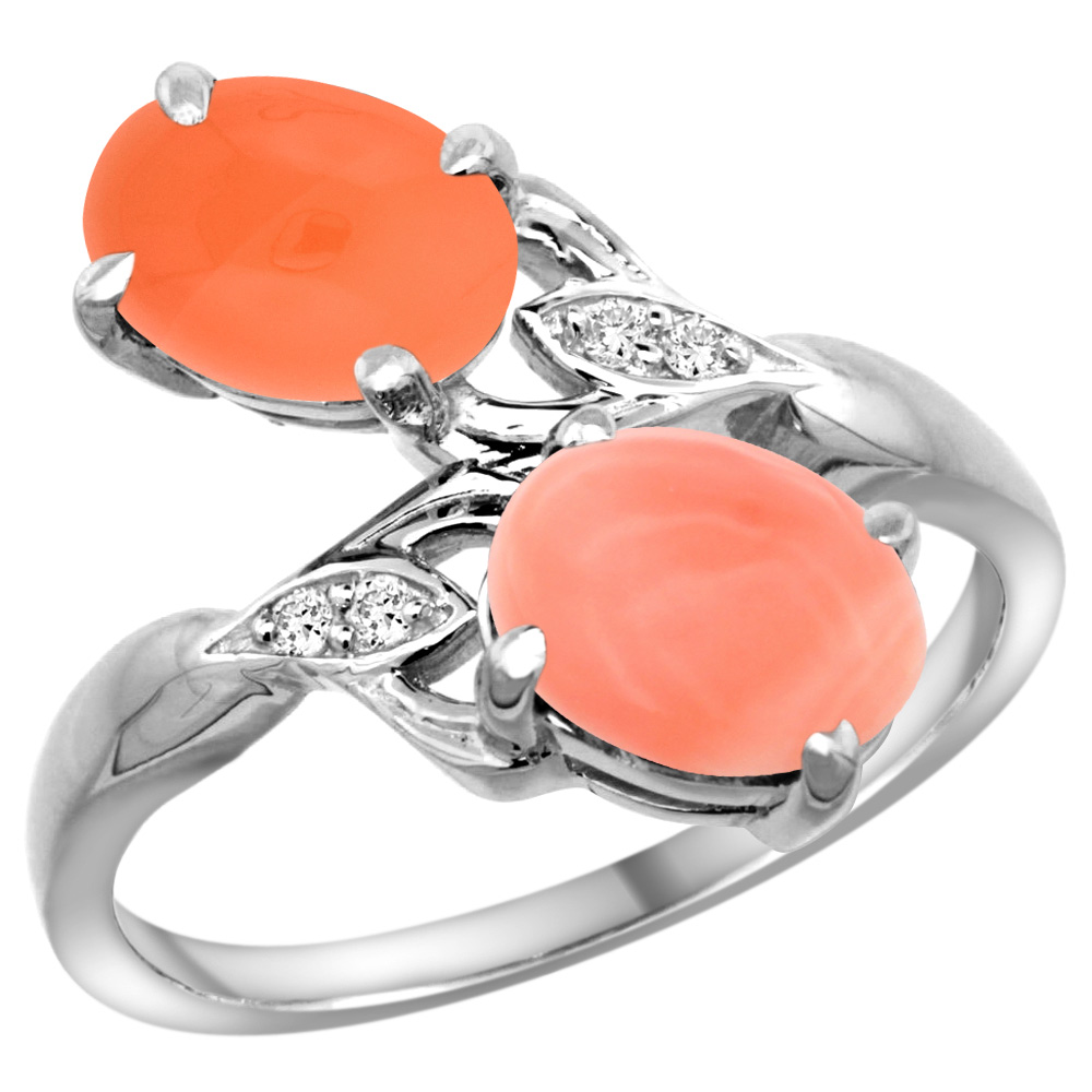 10K White Gold Diamond Natural Coral &amp; Orange Moonstone 2-stone Ring Oval 8x6mm, sizes 5 - 10