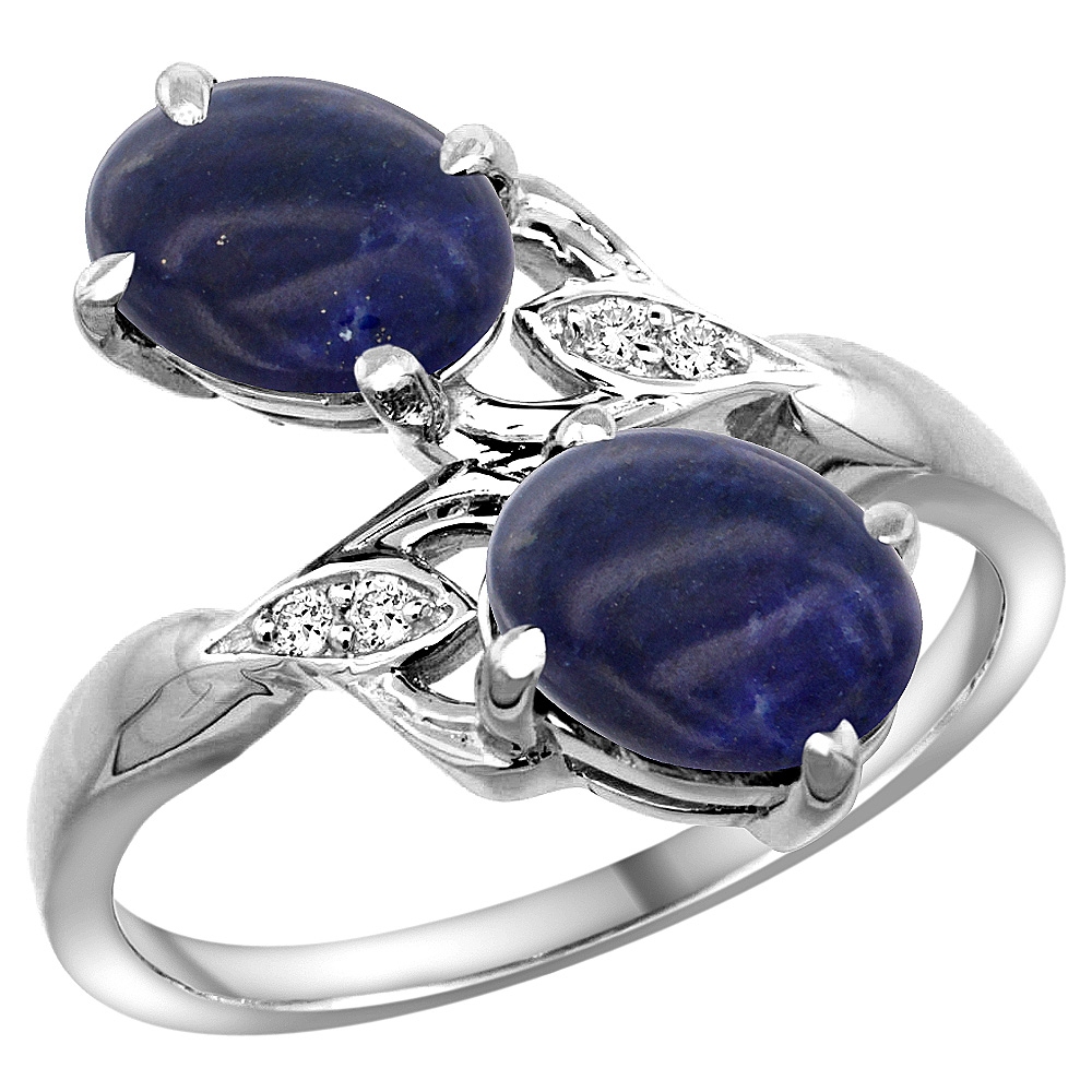 10K White Gold Diamond Natural Lapis 2-stone Ring Oval 8x6mm, sizes 5 - 10