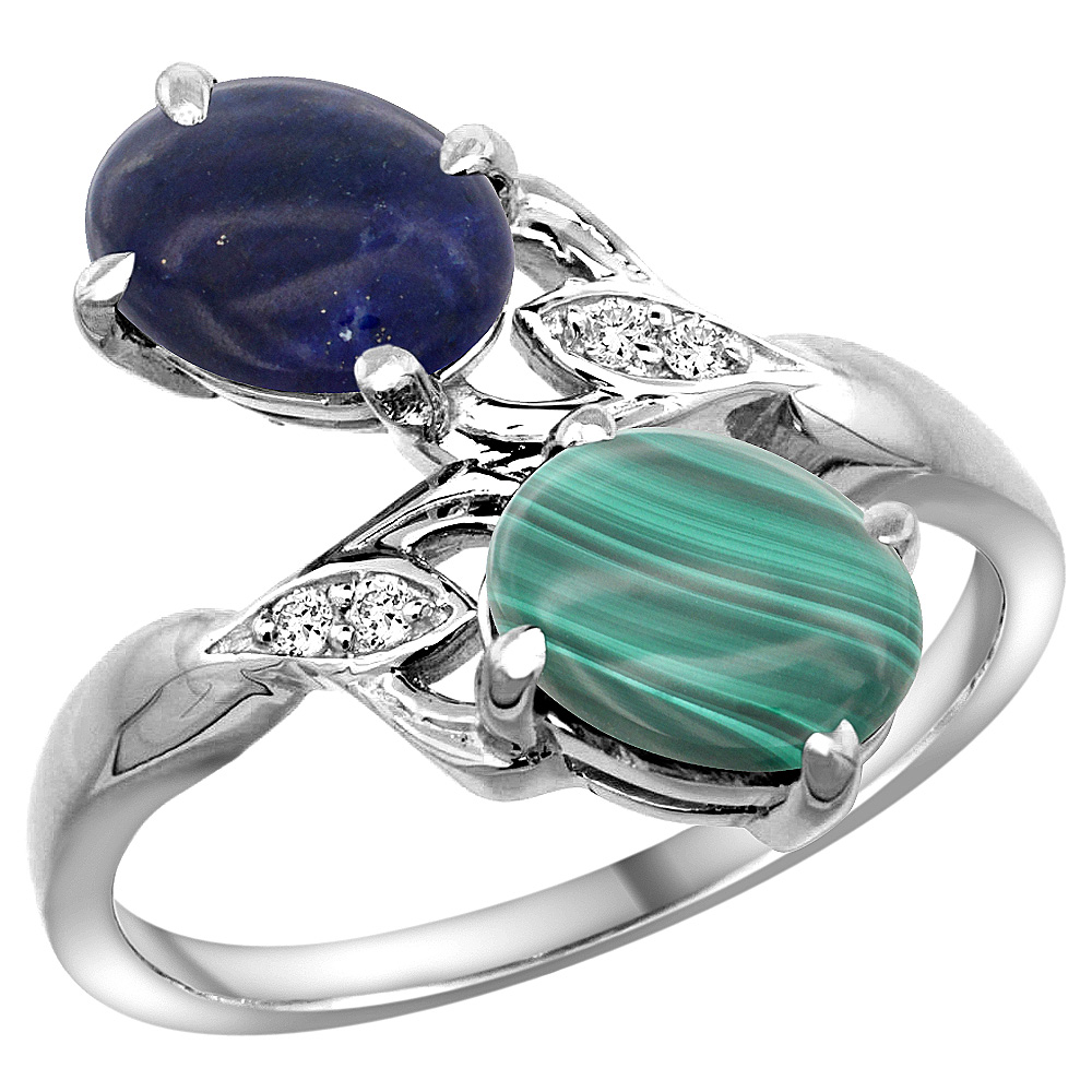 10K White Gold Diamond Natural Lapis & Malachite 2-stone Ring Oval 8x6mm, sizes 5 - 10