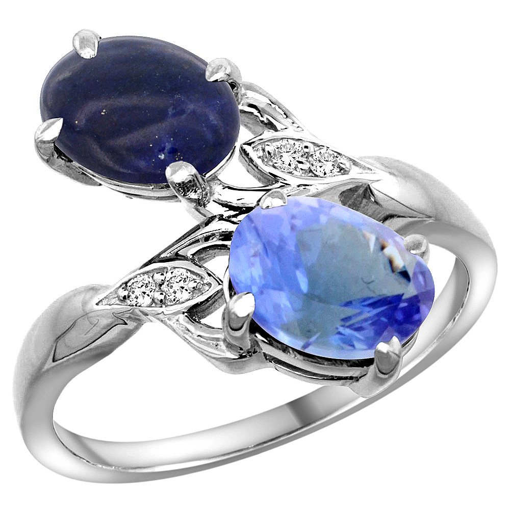 10K White Gold Diamond Natural Lapis & Tanzanite 2-stone Ring Oval 8x6mm, sizes 5 - 10