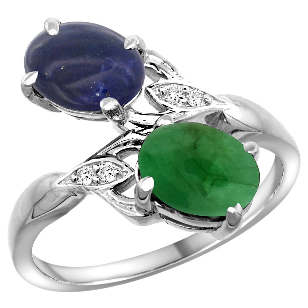 10K White Gold Diamond Natural Lapis &amp; Cabochon Emerald 2-stone Ring Oval 8x6mm, sizes 5 - 10