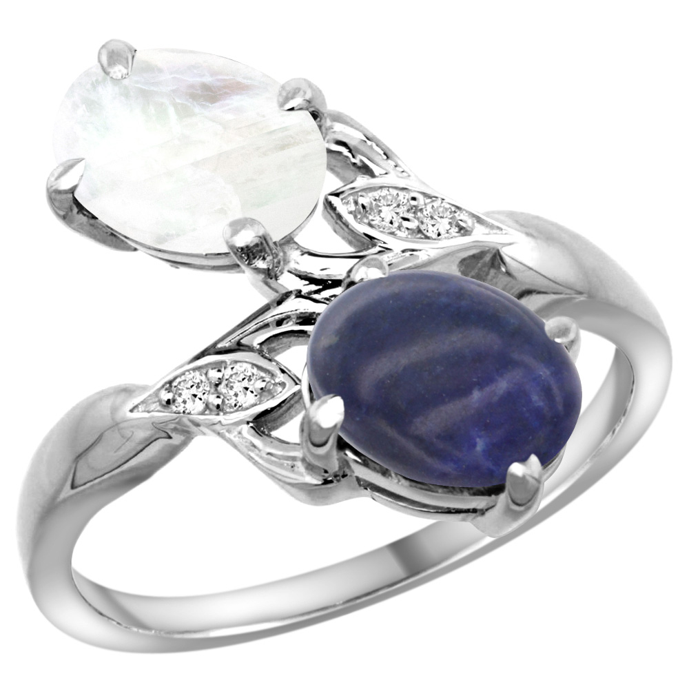 10K White Gold Diamond Natural Lapis &amp; Rainbow Moonstone 2-stone Ring Oval 8x6mm, sizes 5 - 10